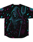 Flat back product image of the Riddim Reaper jersey showing the full skeleton reaper graphic with a glowing trident and cyan-magenta shard gradients across the upper panel and sleeves.