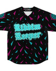 Flat front product image of the black baseball jersey featuring white piping, a left-chest trident emblem, and cyan-magenta shard gradients across the shoulder panels.