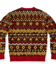 Back view of brown knit Christmas sweater with gold, red, and tan winter-themed patterns and no graphic — humorous holiday wear from CollegeWares.