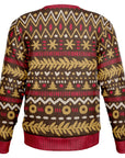 Back view of brown knit Christmas sweater with gold, red, and tan winter-themed patterns and no graphic — humorous holiday wear from CollegeWares.
