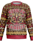 Brown knit-style Christmas sweater with a muscular reindeer flexing under the phrase “Rudolph the Red-Nosed Gaindeer” — festive and funny from CollegeWares.