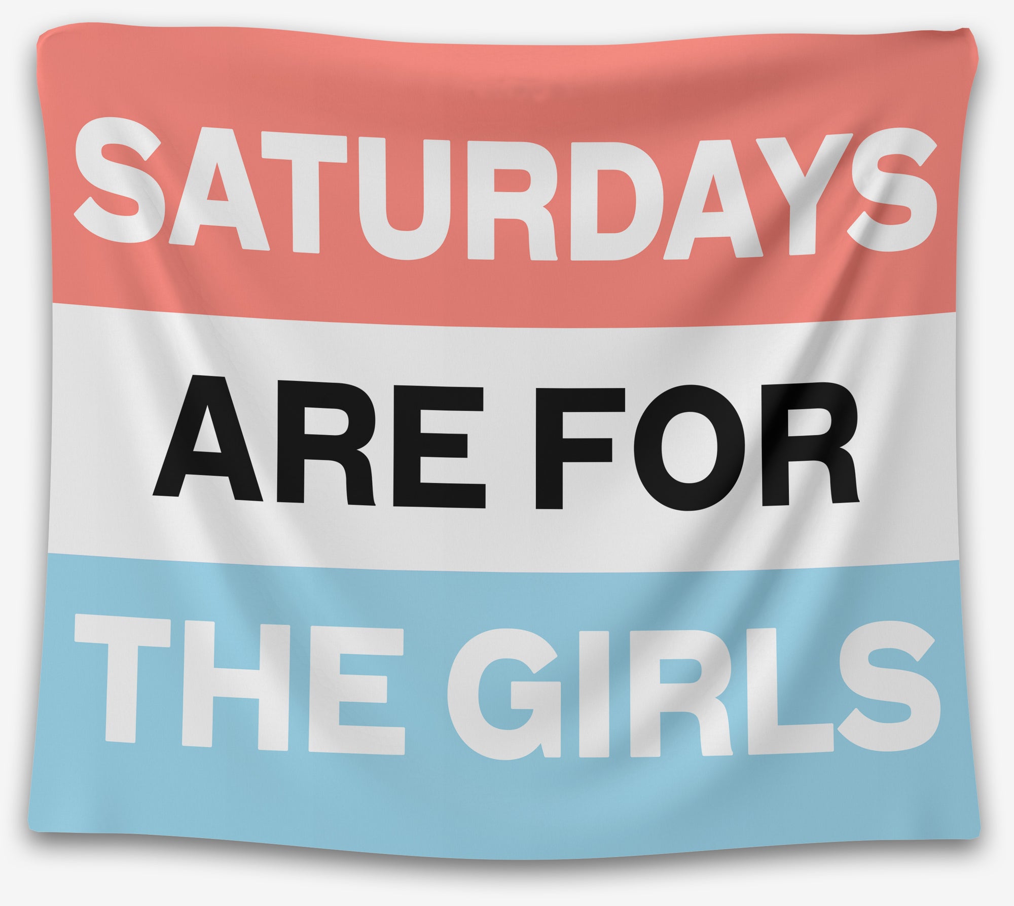 Pink, white, and blue tapestry with bold all-caps text reading “Saturdays Are For The Girls” — fun dorm flag from CollegeWares.