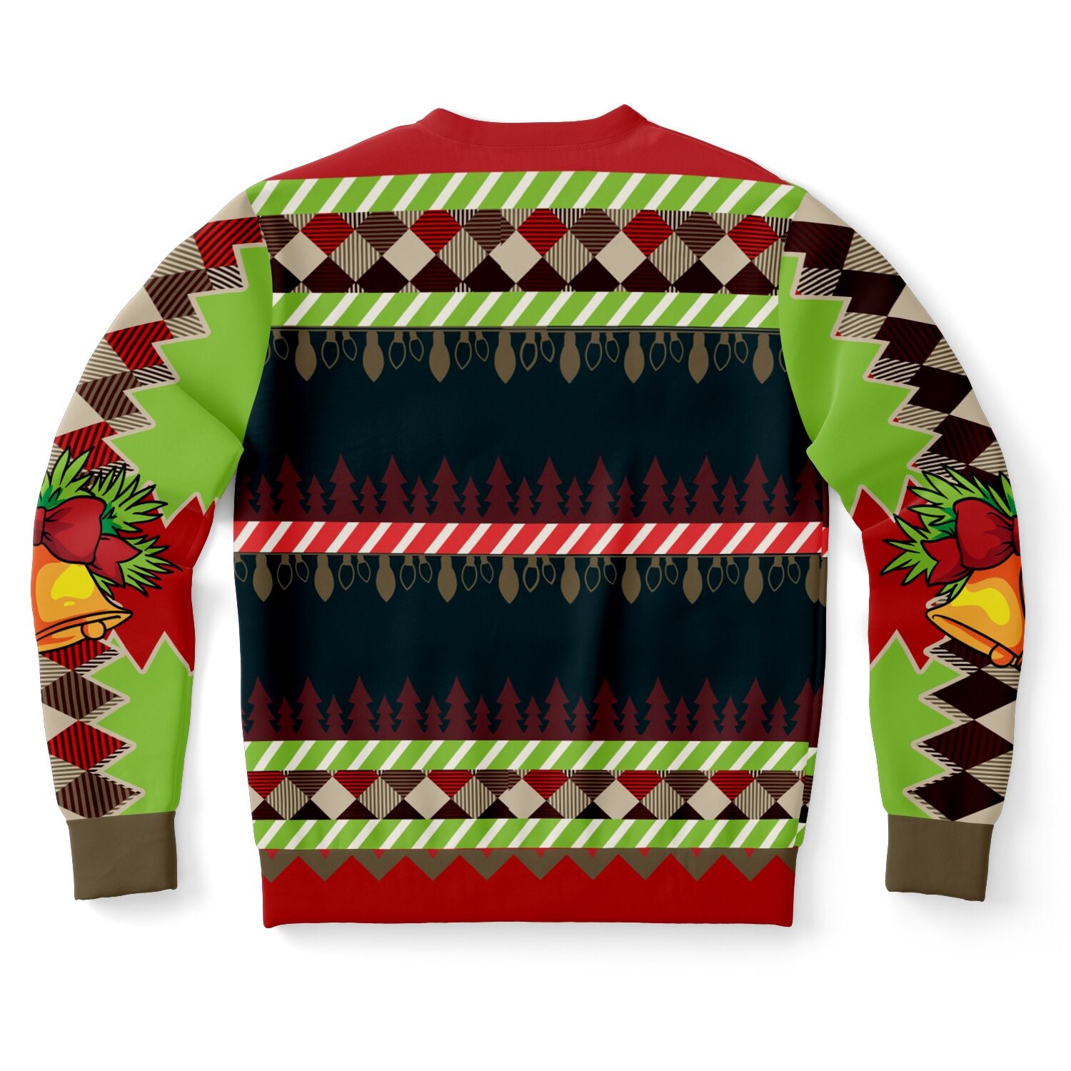 ack view of red and green Christmas sweater with holiday bells and pattern, no text or central graphic — playful and festive from CollegeWares.