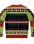 ack view of red and green Christmas sweater with holiday bells and pattern, no text or central graphic — playful and festive from CollegeWares.