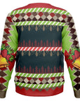 ack view of red and green Christmas sweater with holiday bells and pattern, no text or central graphic — playful and festive from CollegeWares.