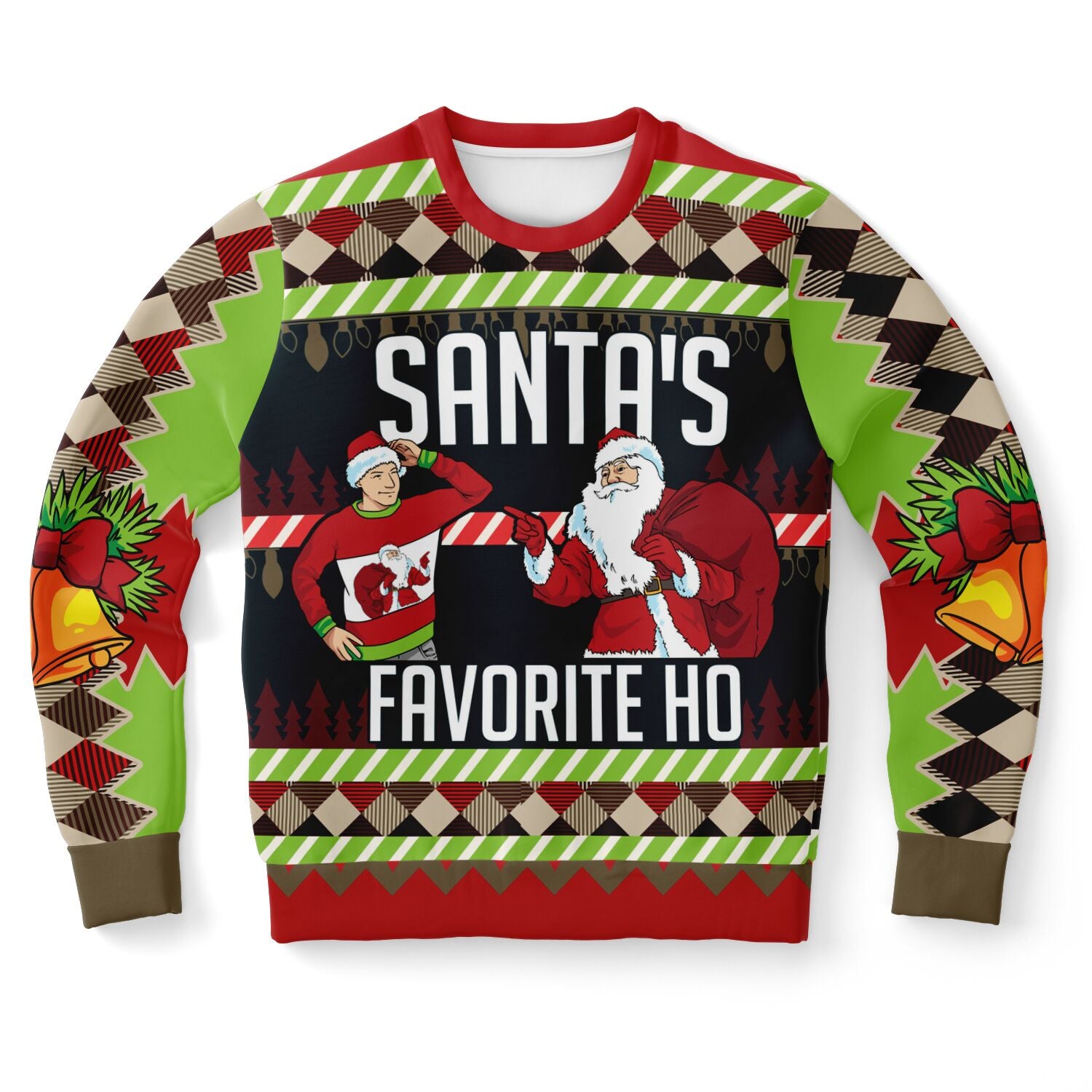 Red and green Christmas sweater with Santa pointing at a man in a matching sweater and “Santa’s Favorite Ho” text — humorous holiday design from CollegeWares.