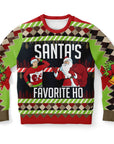 Red and green Christmas sweater with Santa pointing at a man in a matching sweater and “Santa’s Favorite Ho” text — humorous holiday design from CollegeWares.