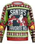 Red and green Christmas sweater with Santa pointing at a man in a matching sweater and “Santa’s Favorite Ho” text — humorous holiday design from CollegeWares.