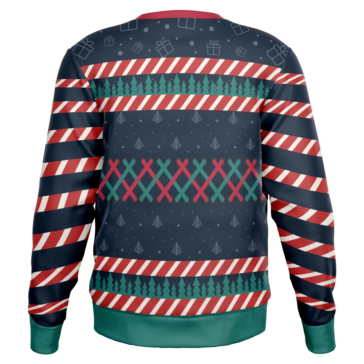 Back view of navy blue sweater with gift icons, red and green cross-stitch accents, and no main text — festive parody from CollegeWares.