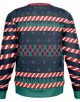 Back view of navy blue sweater with gift icons, red and green cross-stitch accents, and no main text — festive parody from CollegeWares.