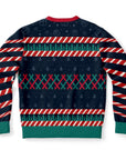 Back view of navy blue sweater with gift icons, red and green cross-stitch accents, and no main text — festive parody from CollegeWares.