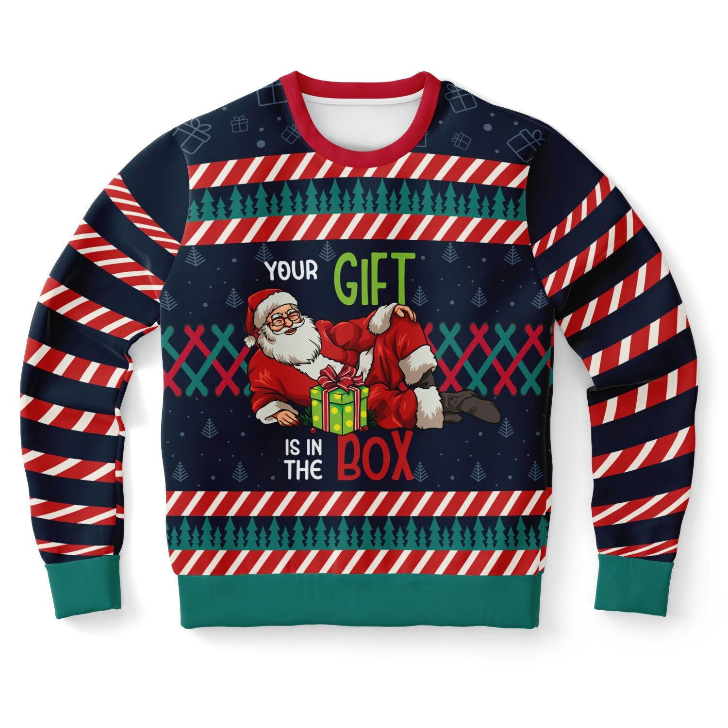 Navy blue Christmas sweater with candy cane sleeves, lounging Santa, and “Your gift is in the box” text — funny adult holiday style from CollegeWares.