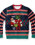 Navy blue Christmas sweater with candy cane sleeves, lounging Santa, and “Your gift is in the box” text — funny adult holiday style from CollegeWares.