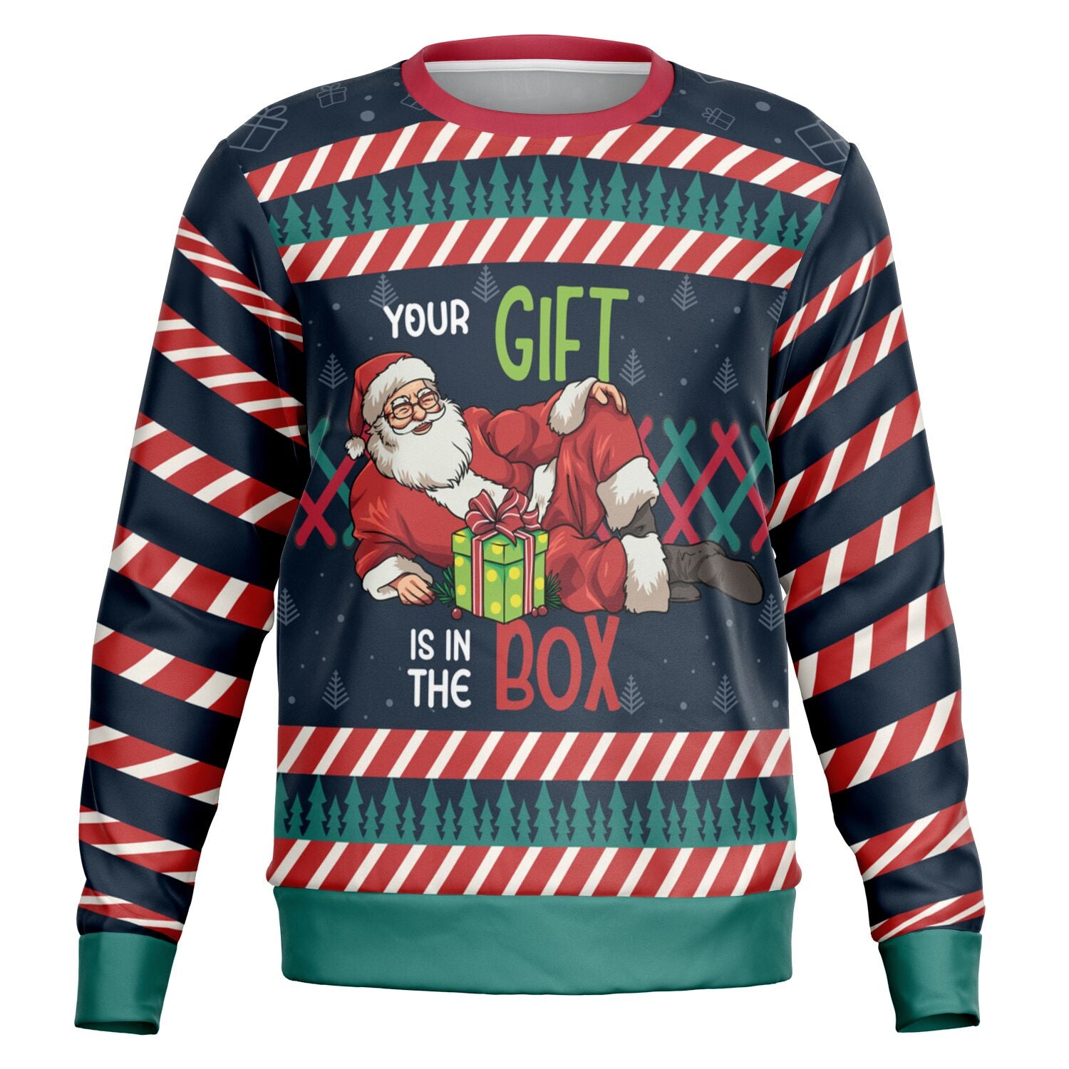 Navy blue Christmas sweater with candy cane sleeves, lounging Santa, and “Your gift is in the box” text — funny adult holiday style from CollegeWares.