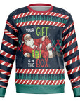 Navy blue Christmas sweater with candy cane sleeves, lounging Santa, and “Your gift is in the box” text — funny adult holiday style from CollegeWares.