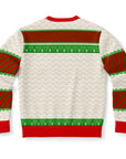 Back view of cream and red sweater with candy-cane striped sleeves and no additional text — bold festive design from CollegeWares.