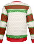 Back view of cream and red sweater with candy-cane striped sleeves and no additional text — bold festive design from CollegeWares.