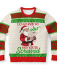 Cream and red Christmas sweater with Santa reading a list and the phrase “I Checked My List And You’re Screwed” — savage holiday humor from CollegeWares.