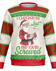 Cream and red Christmas sweater with Santa reading a list and the phrase “I Checked My List And You’re Screwed” — savage holiday humor from CollegeWares.