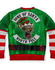 Back view of green sweater with skull in elf hat graphic and “Sons of Santa North Pole” patch — rebellious holiday style from CollegeWares.