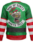 Back view of green sweater with skull in elf hat graphic and “Sons of Santa North Pole” patch — rebellious holiday style from CollegeWares.