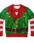 Green biker-style Christmas sweater with red lapels, striped sleeves, gold buttons, and elf jacket print — edgy festive wear from CollegeWares.