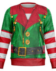 Green biker-style Christmas sweater with red lapels, striped sleeves, gold buttons, and elf jacket print — edgy festive wear from CollegeWares.
