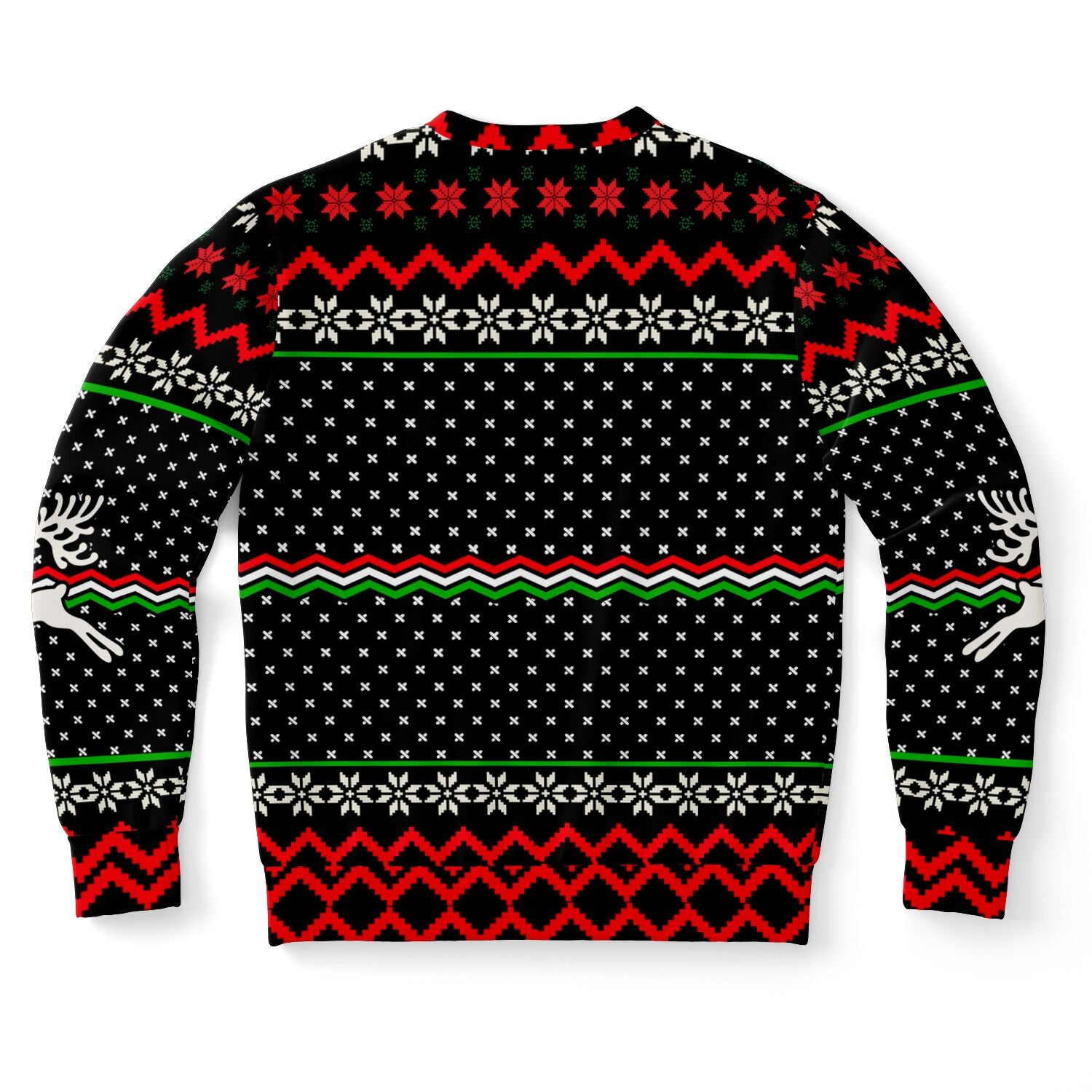 Back view of black sweater with red and white snowflake pattern and no text — classic holiday knit from CollegeWares.