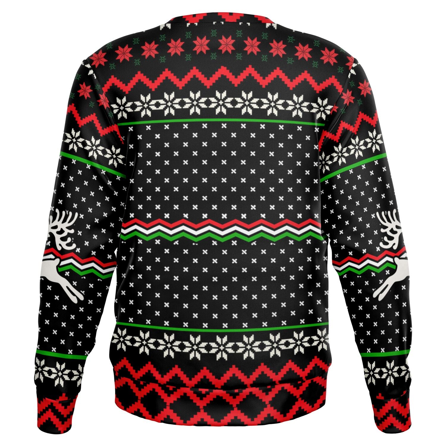 Back view of black sweater with red and white snowflake pattern and no text — classic holiday knit from CollegeWares.