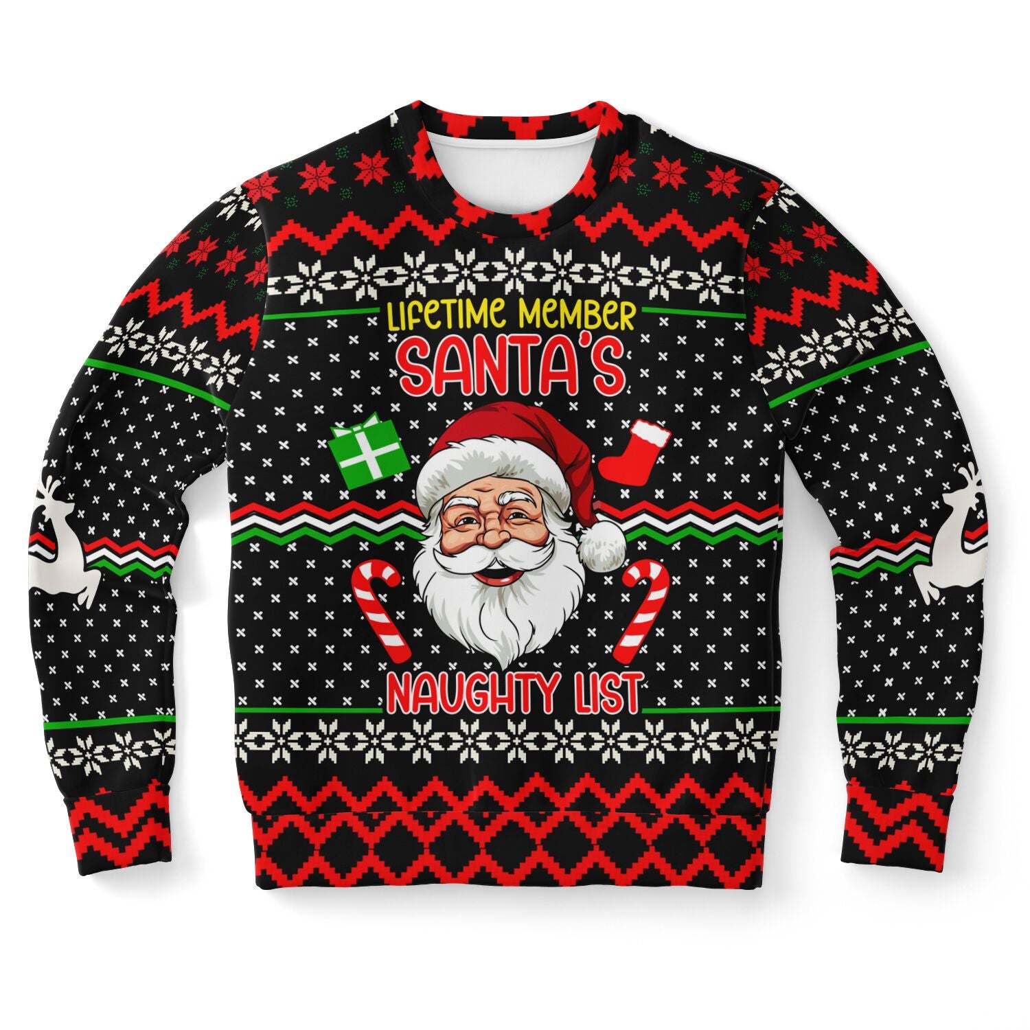 Black and red Christmas sweater with Santa graphic and “Lifetime Member Santa’s Naughty List” slogan — bold and festive design from CollegeWares.