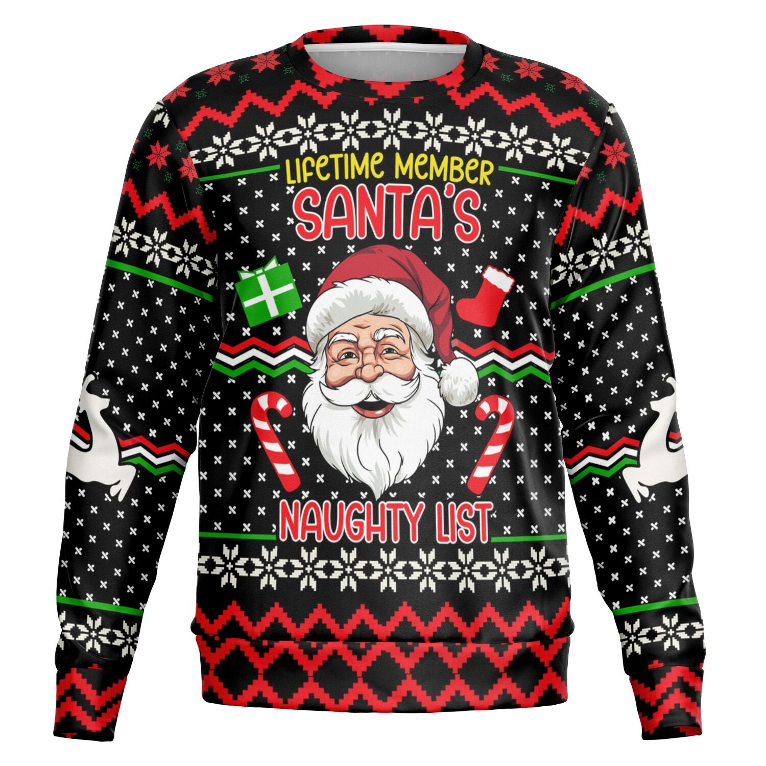 Black and red Christmas sweater with Santa graphic and “Lifetime Member Santa’s Naughty List” slogan — bold and festive design from CollegeWares.