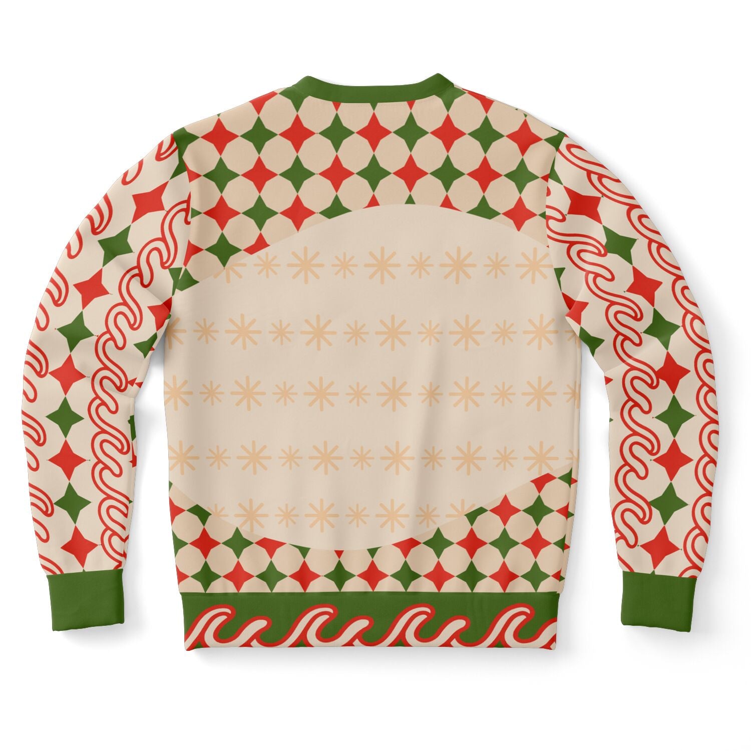 Back view of cream and red holiday sweater with playful pattern and no text — colorful holiday partywear from CollegeWares.