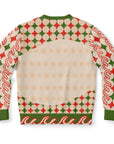 Back view of cream and red holiday sweater with playful pattern and no text — colorful holiday partywear from CollegeWares.