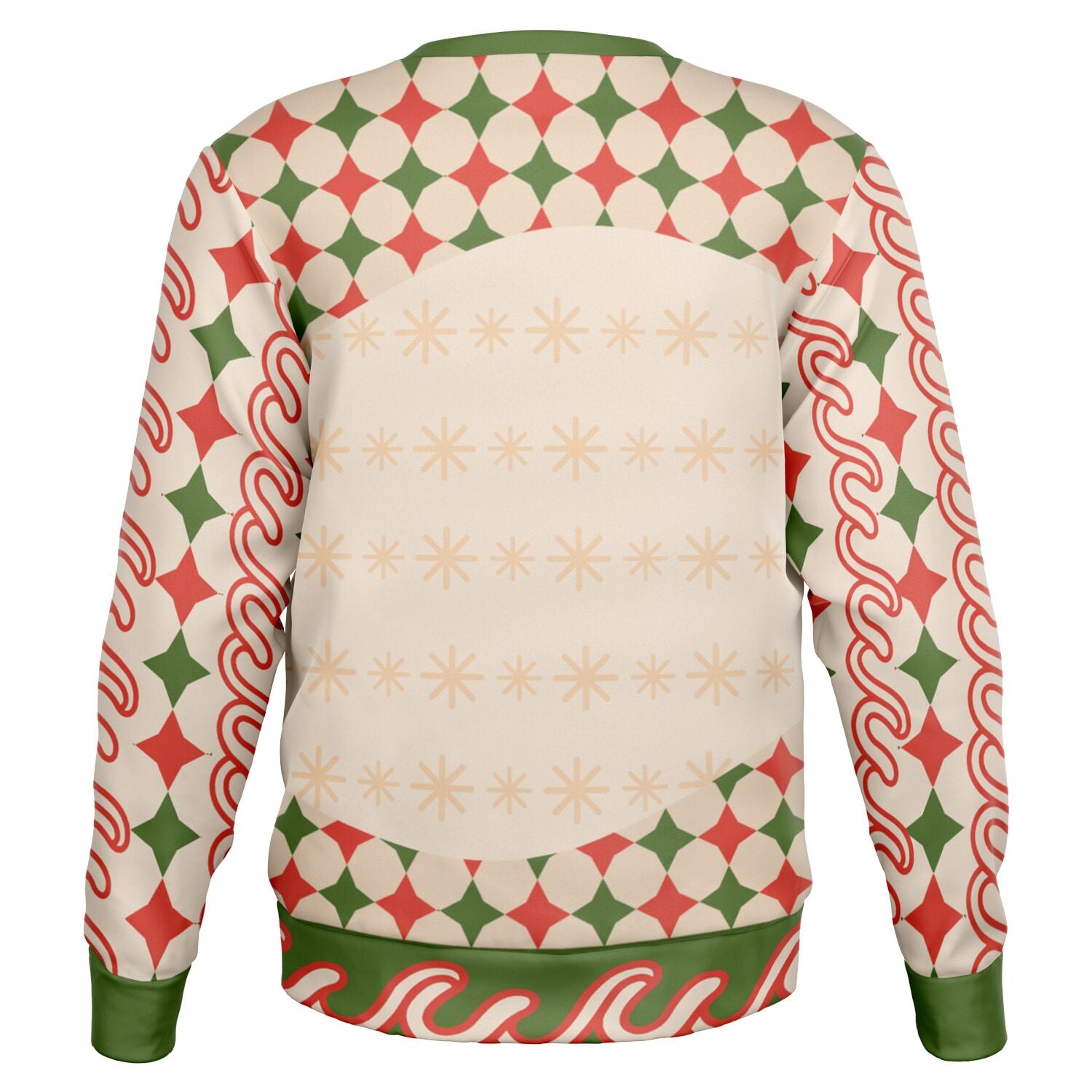 Back view of cream and red holiday sweater with playful pattern and no text — colorful holiday partywear from CollegeWares.