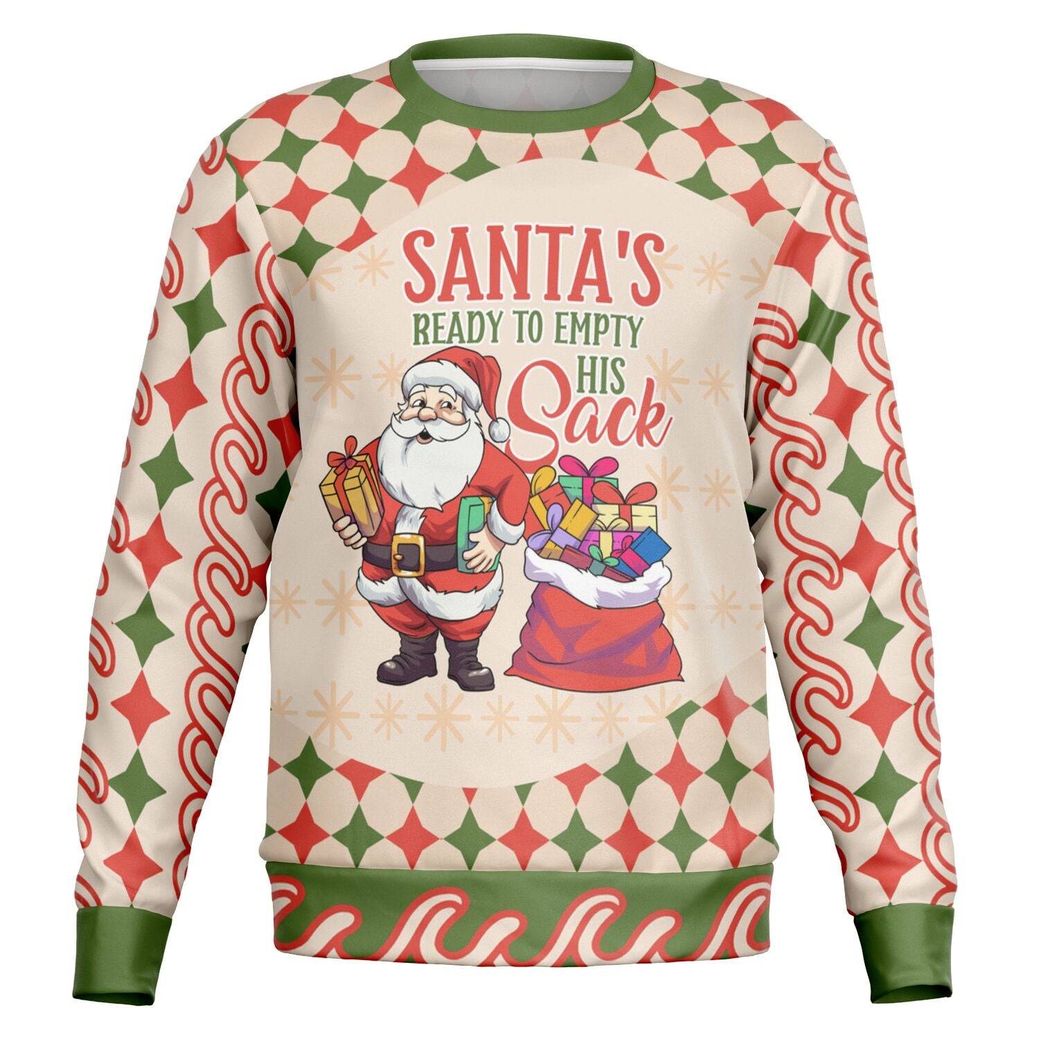 Cream and red holiday sweater with Santa holding presents and the slogan “Santa’s Ready to Empty His Sack” — naughty festive humor from CollegeWares.