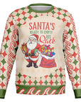 Cream and red holiday sweater with Santa holding presents and the slogan “Santa’s Ready to Empty His Sack” — naughty festive humor from CollegeWares.