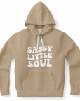 Brown hoodie with bold white text reading “SASSY LITTLE SOUL” in retro bubble letters — soft sass and spicy personality energy from CollegeWares.