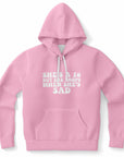 Pink hoodie with “She’s a 10 But She Shops When She’s Sad” in large bold white text — emotional spending humor with hot girl energy from CollegeWares.