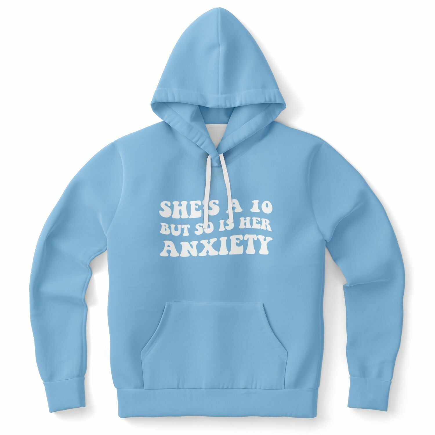 Blue hoodie with white bubbly text saying “She’s a 10 But So Is Her Anxiety” — soft girl breakdown energy from CollegeWares.