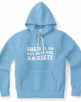 Blue hoodie with white bubbly text saying “She’s a 10 But So Is Her Anxiety” — soft girl breakdown energy from CollegeWares.