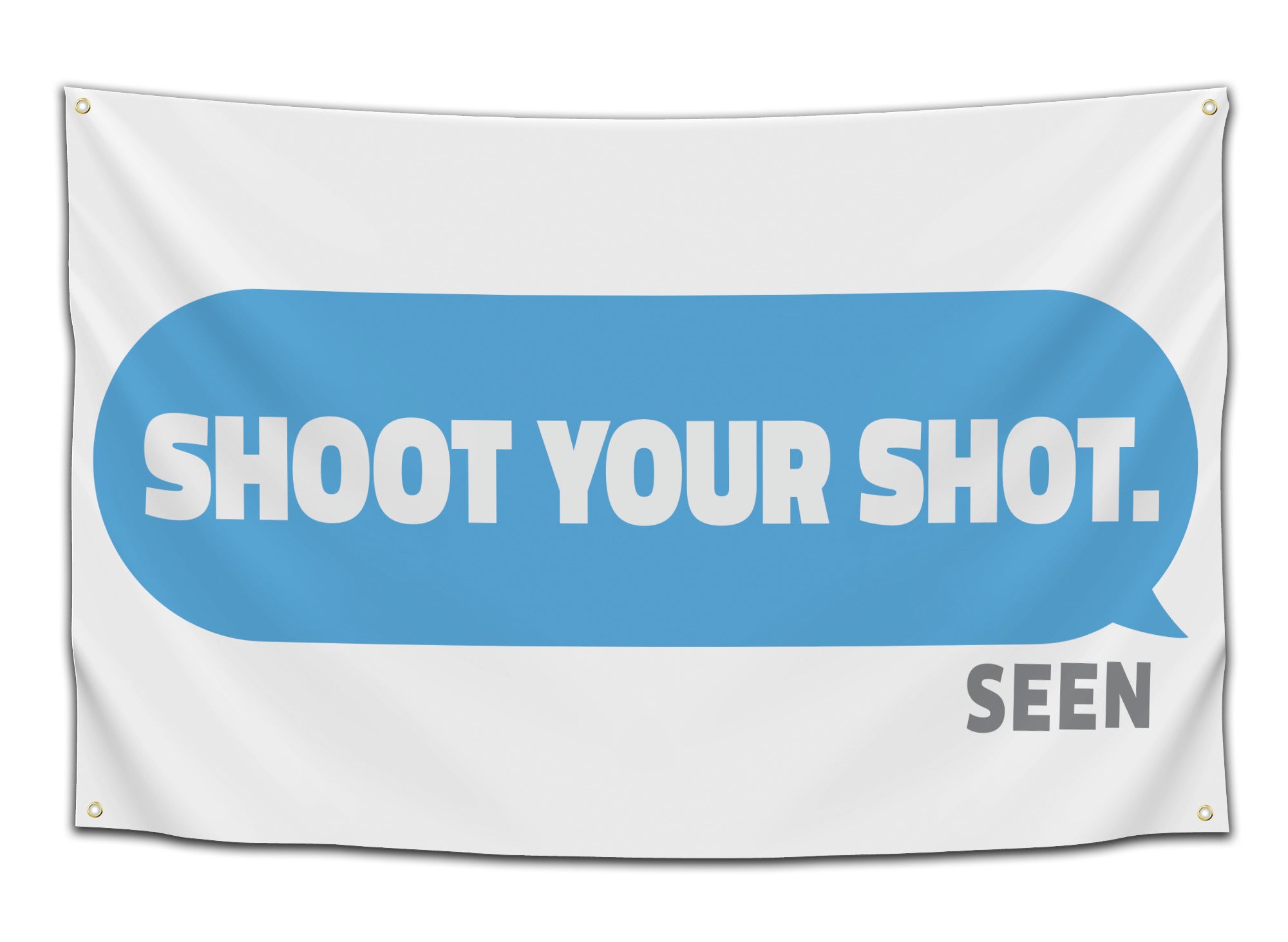 Flag with a blue iMessage text bubble saying “Shoot Your Shot” and “Seen” underneath — texting meme flag from CollegeWares.