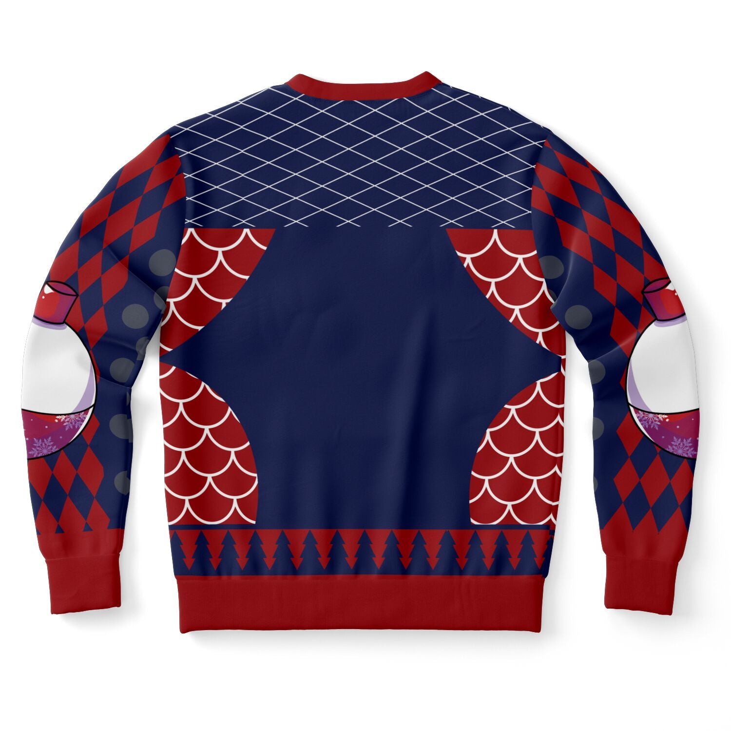Back view of navy sweater with red diamond sleeves and no text or graphics — cheeky and festive from CollegeWares.