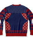 Back view of navy sweater with red diamond sleeves and no text or graphics — cheeky and festive from CollegeWares.