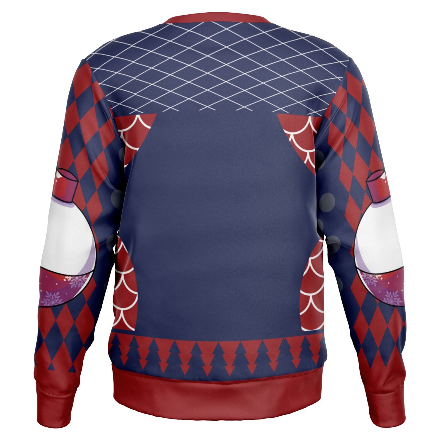 Back view of navy sweater with red diamond sleeves and no text or graphics — cheeky and festive from CollegeWares.