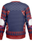 Back view of navy sweater with red diamond sleeves and no text or graphics — cheeky and festive from CollegeWares.
