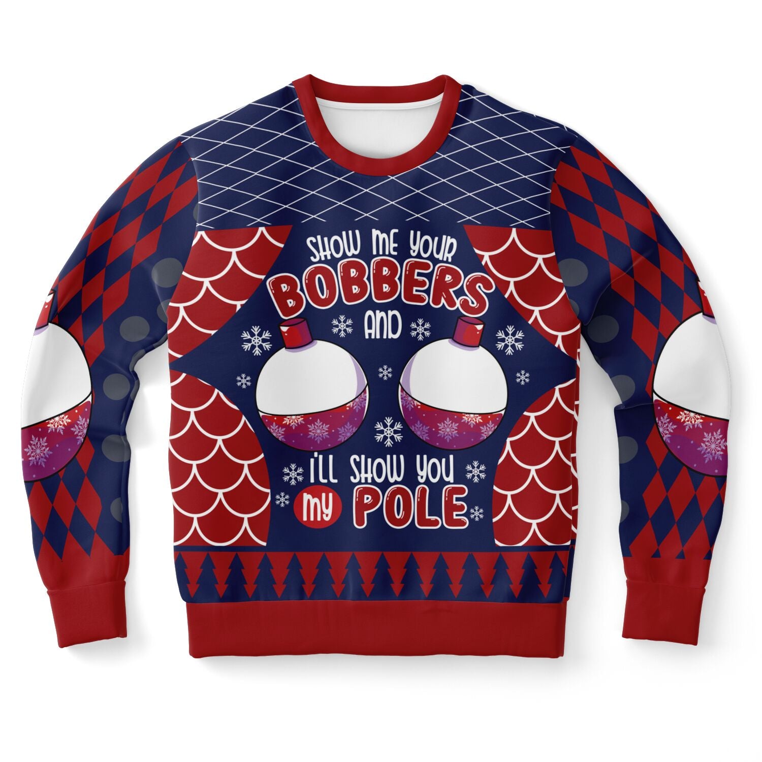 Navy and red Christmas sweater with cartoon bobbers and “Show Me Your Bobbers and I’ll Show You My Pole” slogan — funny fishing gift from CollegeWares.