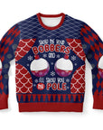 Navy and red Christmas sweater with cartoon bobbers and “Show Me Your Bobbers and I’ll Show You My Pole” slogan — funny fishing gift from CollegeWares.