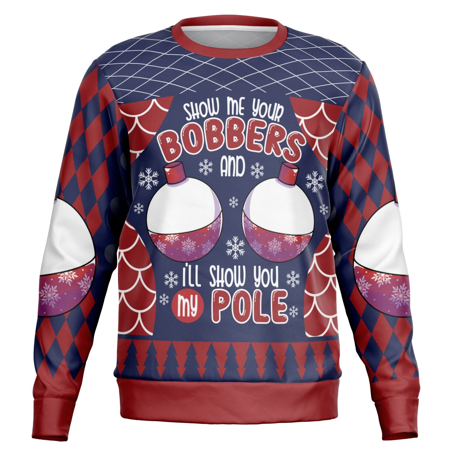 Navy and red Christmas sweater with cartoon bobbers and “Show Me Your Bobbers and I’ll Show You My Pole” slogan — funny fishing gift from CollegeWares.