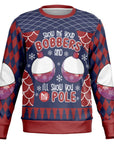 Navy and red Christmas sweater with cartoon bobbers and “Show Me Your Bobbers and I’ll Show You My Pole” slogan — funny fishing gift from CollegeWares.