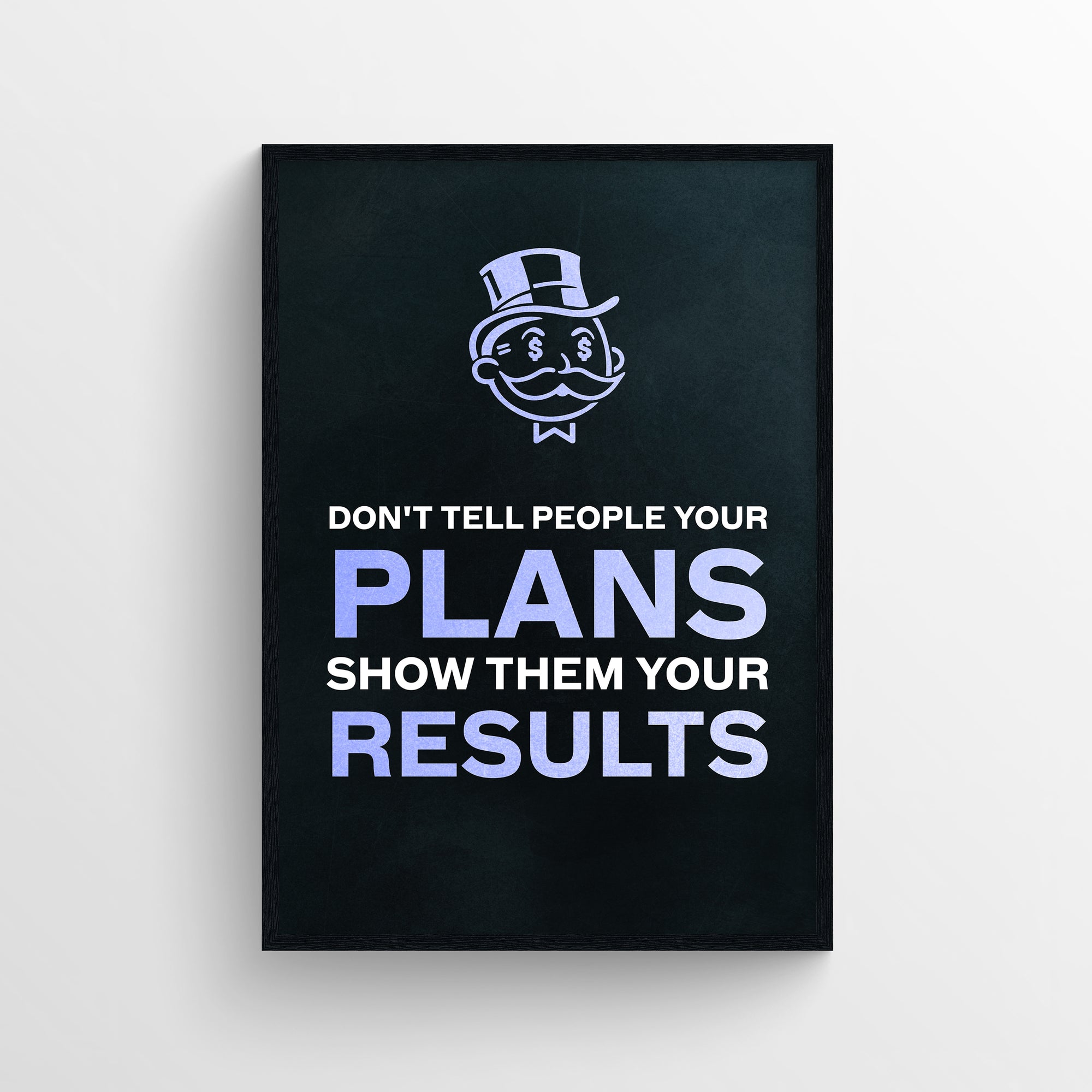 Poster with the full quote “Don’t Tell People Your Plans. Show Them Your Results.” in stacked white and purple text. The words “PLANS” and “RESULTS” are highlighted in light purple, subtly reinforcing the poster’s core message to prioritize action. The background is solid black with a top-hat character above the phrase — motivational mindset art from CollegeWares.